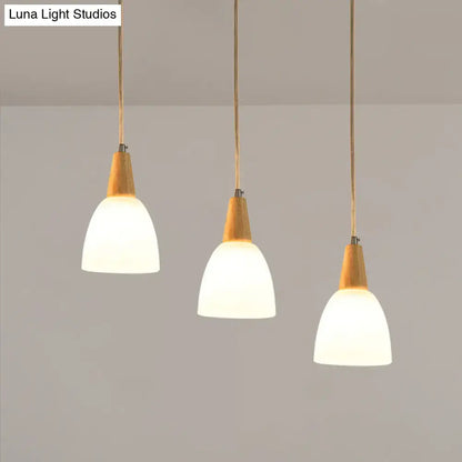 Decorbites™ contemporary beige 3-light suspension lamp with frosted glass dome and warm wooden tops