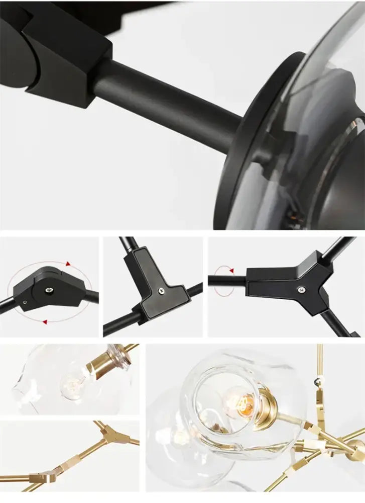 Decorbites™ contemporary glass bubble chandelier with black and brass finish and clear glass globe shades for living room