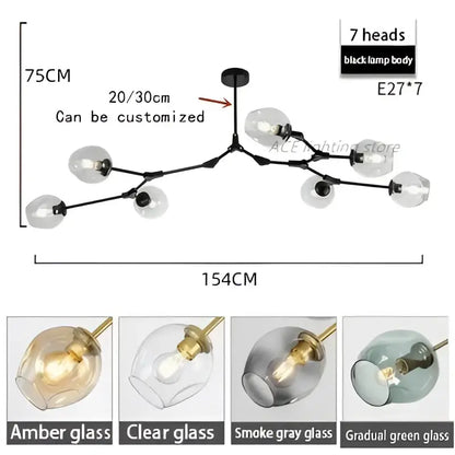 Black metal glass bubble chandelier with seven amber, clear, smoke gray, and gradient green glass globe shades for living room