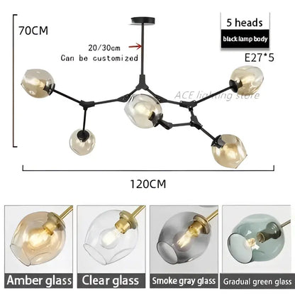 Black metal glass bubble chandelier with five amber glass lamp heads for contemporary living room decor by DecorBites™