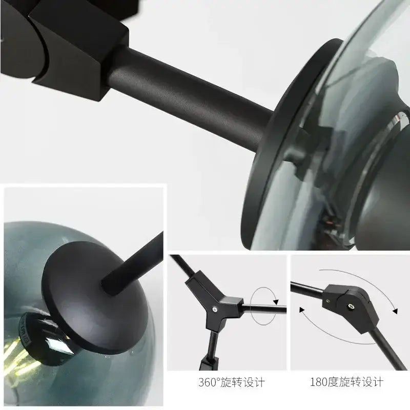 Black metal arm with matte finish and adjustable joints for 360 and 180 degree rotation in decorbites glass bubble chandelier