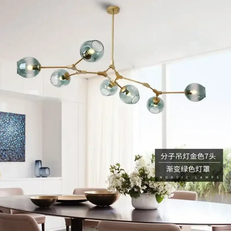 Decorbites™ contemporary glass bubble chandelier with seven gold arms and gradient green glass globe shades for living room