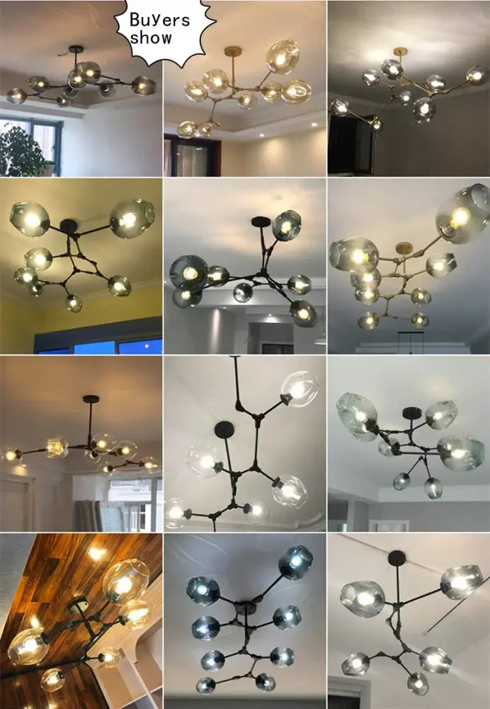 DecorBites™ contemporary glass bubble chandelier with black metal frame and clear glass globe shades for living room