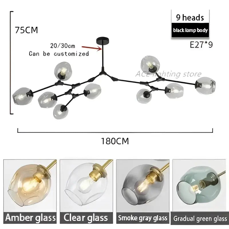 DecorBites™ contemporary glass bubble chandelier with nine amber clear smoke gray and gradient green glass lamp heads