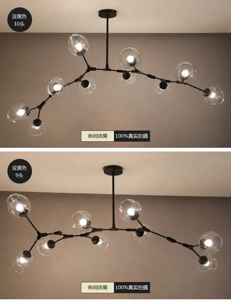Black metal glass bubble chandelier with ten clear glass globe bulbs for contemporary living room decor