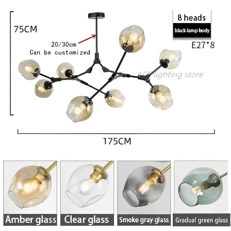 DecorBites™ contemporary glass bubble chandelier with eight amber glass globes in black metal for living room lighting