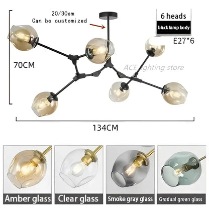 DecorBites™ contemporary black metal glass bubble chandelier with six amber glass globe lights for living room