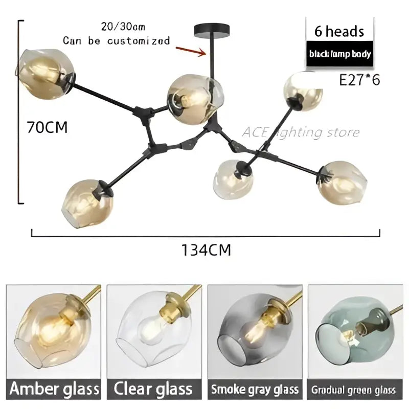 DecorBites™ contemporary black metal glass bubble chandelier with six amber glass globe lights for living room