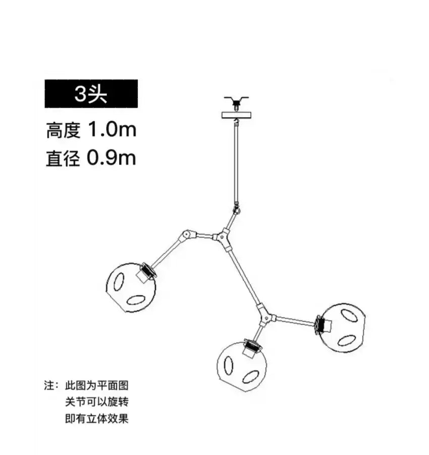 Three-headed glass bubble chandelier with articulated arms and spherical lamp heads for contemporary living room decor