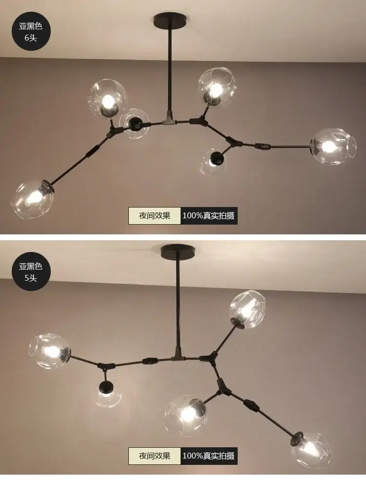 Decorbites contemporary black matte glass bubble chandelier with six clear glass globes in an organic branching design