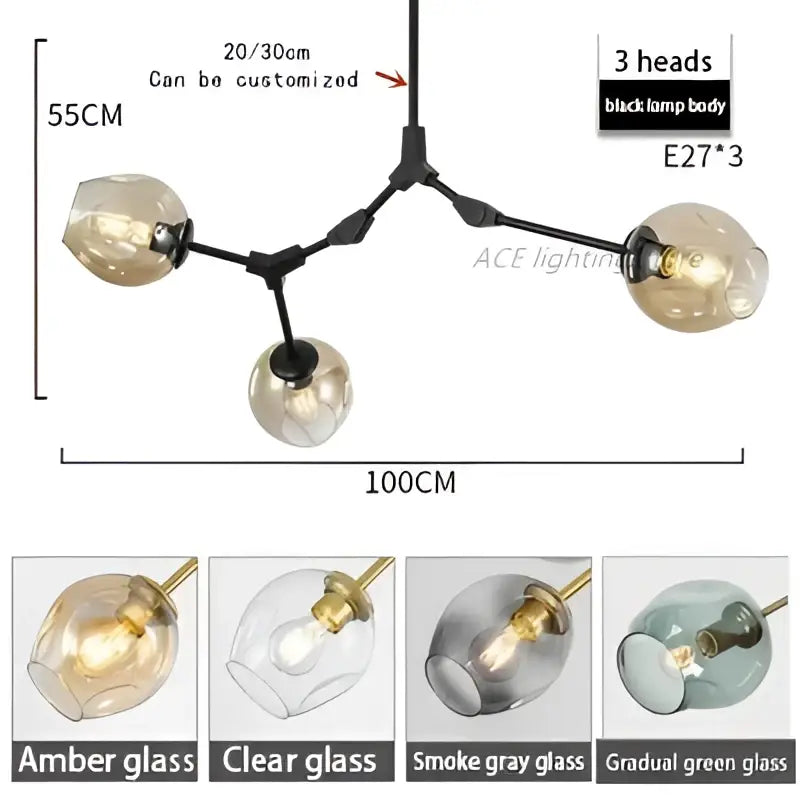 Black metal glass bubble chandelier with three amber glass globe shades for contemporary living room decor
