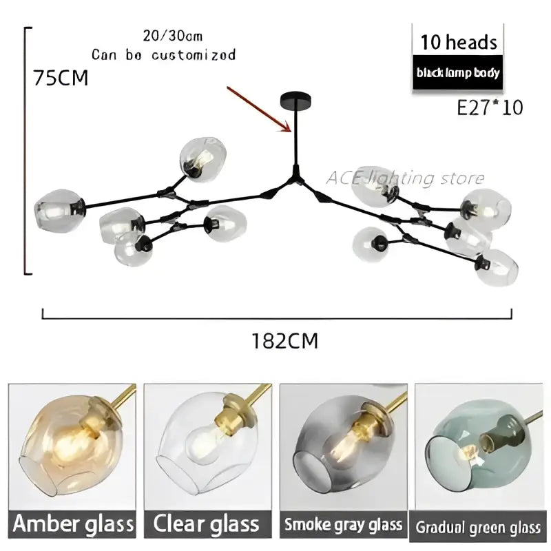 DecorBites™ contemporary black metal glass bubble chandelier with ten amber, clear, smoke gray, and green lamp heads