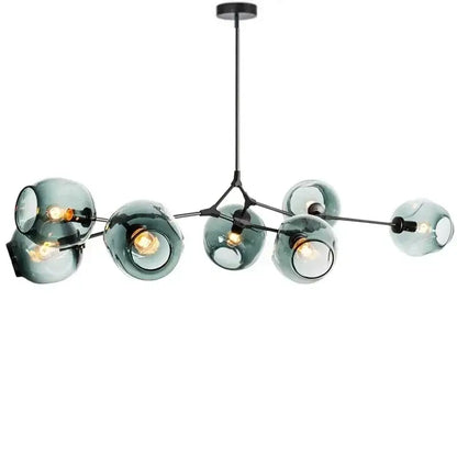 DecorBites contemporary glass bubble chandelier with eight teal glass globes and black metal frame for living room