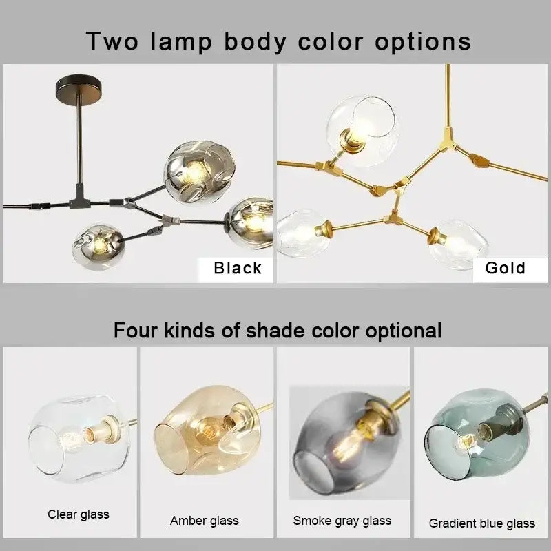 DecorBites™ contemporary glass bubble chandelier with sleek metal frame and spherical shades in black or gold finish