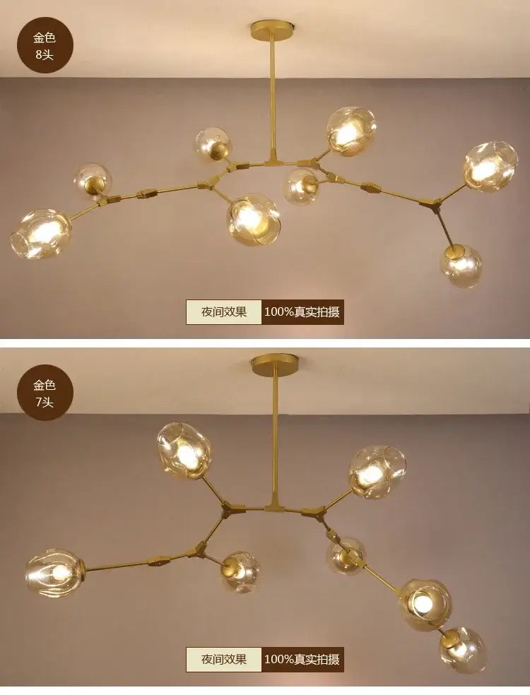 Gold-colored DecorBites™ contemporary glass bubble chandelier with eight frosted glass globe bulbs for living room