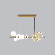 Decorbites contemporary glass island lamp with gold-toned pendant, milk white spherical bulbs, and smoke grey rings