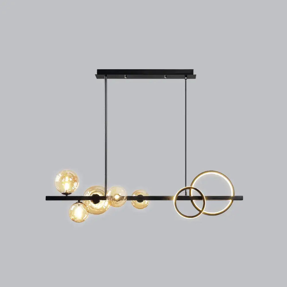 Decorbites™ contemporary 7-head island lamp with black and gold frame, smoke grey glass bulbs, and circular led rings