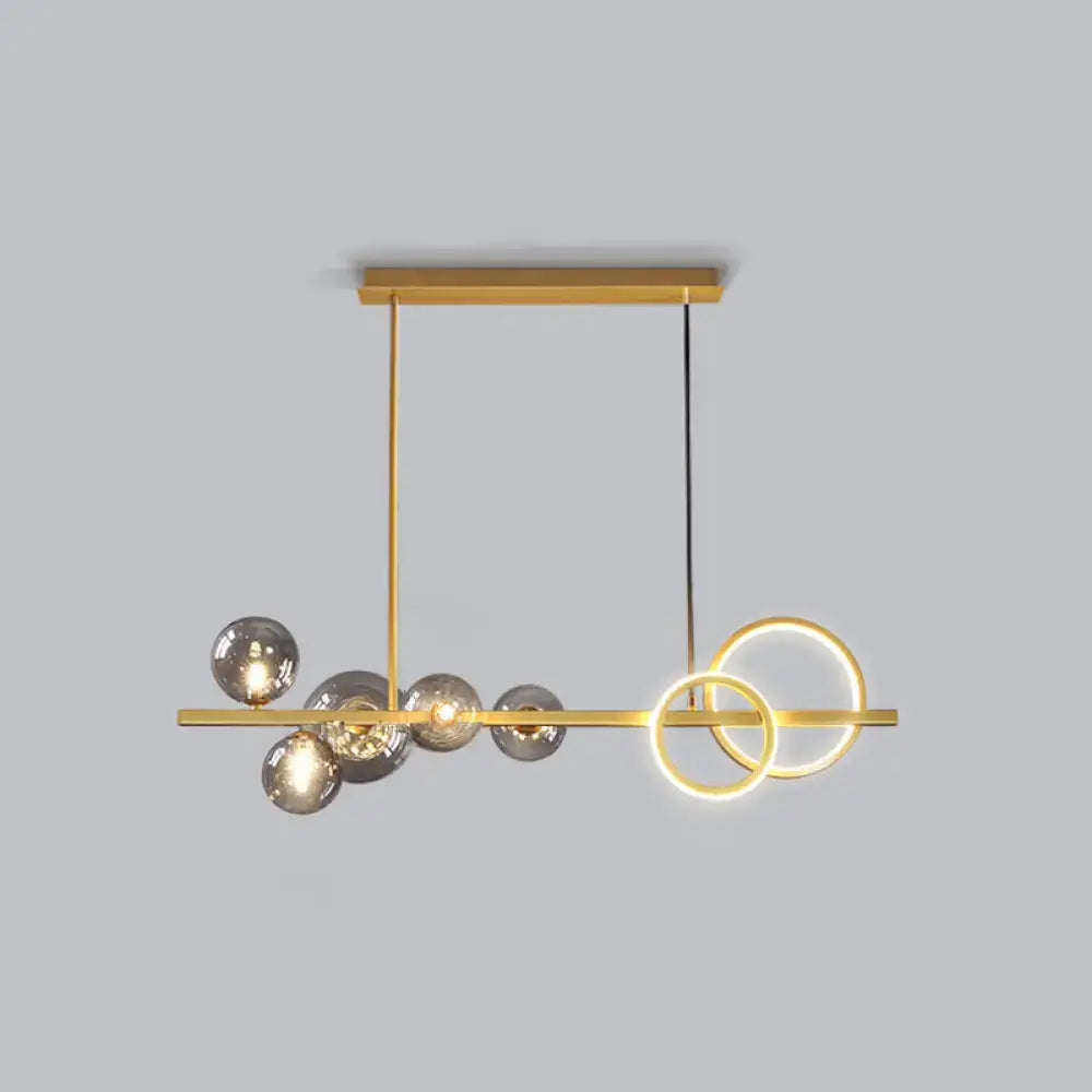 DecorBites contemporary 7-head island lamp with milk white glass spheres and smoke grey glowing rings for dining room