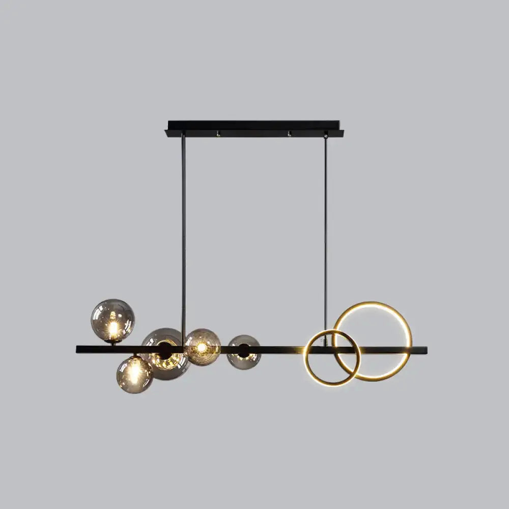 Decorbites™ contemporary 7-head black and gold island lamp with spherical milk white and smoke grey glass bulbs for dining room