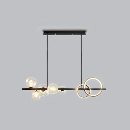 Decorbites contemporary black and gold island lamp with milk white spherical glass bulbs and smoke grey glowing rings