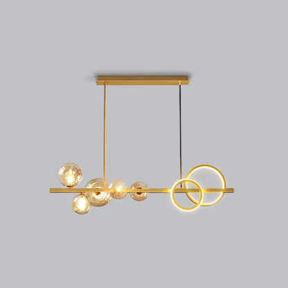 DecorBites contemporary 7-head gold-toned island lamp with milk white glass bulbs and smoke grey LED rings for dining room