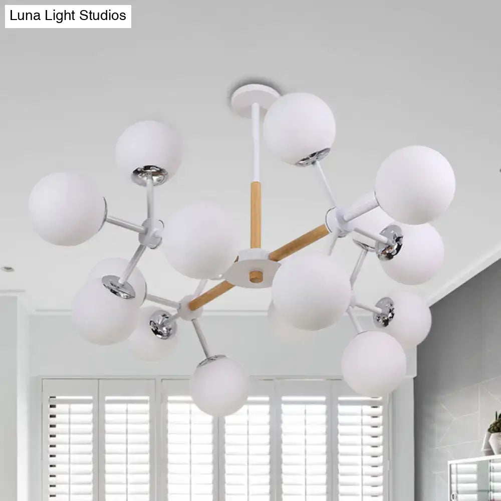 Decorbites contemporary globe chandelier with white glass, chrome, and wood accents for dining room hanging light