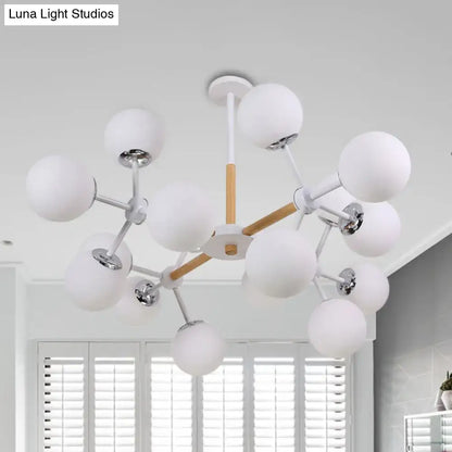 Decorbites contemporary globe chandelier with white glass, chrome, and wood accents for dining room hanging light