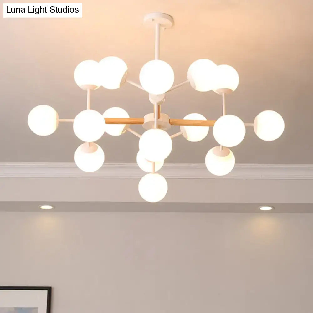 DecorBites™ contemporary globe chandelier with white glass globes and wood accents for dining room hanging light