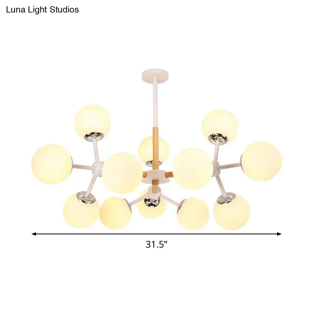 DecorBites contemporary globe chandelier with white glass globes and wood-toned arms for dining room hanging light