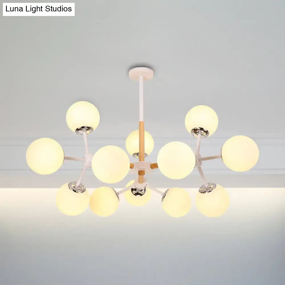 Modern decorbites™ contemporary globe chandelier with white glass globes and wood-toned arms for dining room hanging light