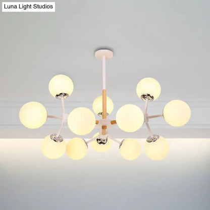 Modern decorbites™ contemporary globe chandelier with white glass globes and wood-toned arms for dining room hanging light