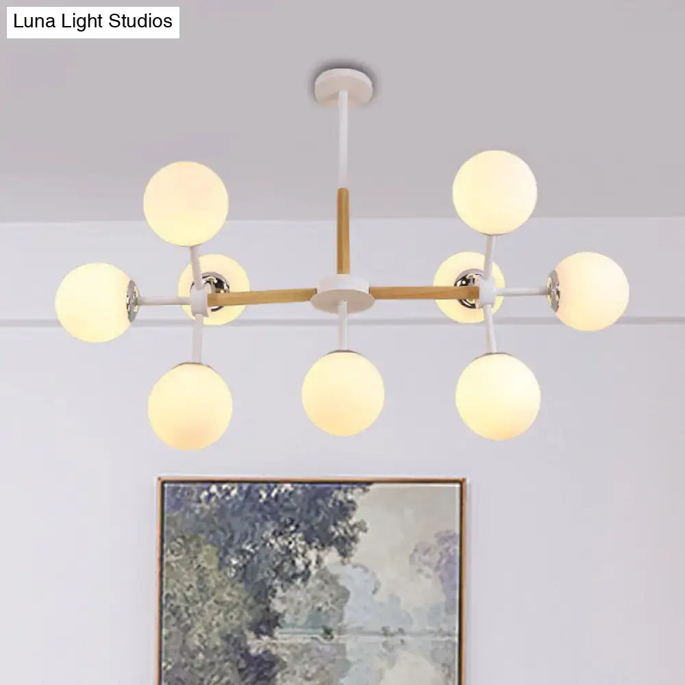DecorBites™ contemporary globe chandelier with eight white glass shades on wooden and metal frame for dining room hanging light