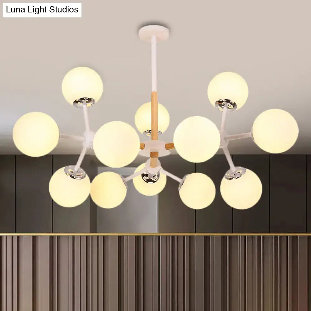 DecorBites contemporary globe chandelier with white glass globes, wood arms, and chrome accents for dining room hanging light