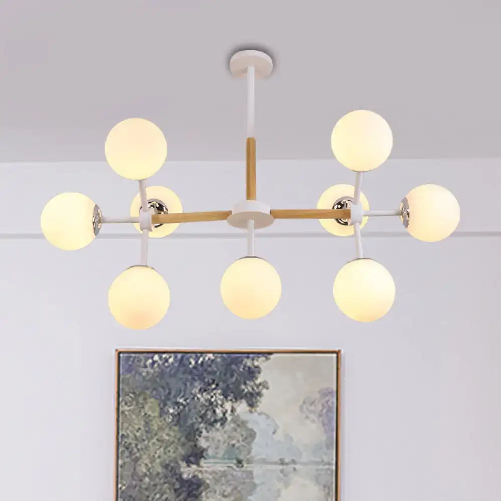 Decorbites contemporary globe chandelier with white glass globes and wooden rod dining room hanging light kit