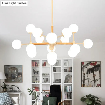 Modern decorbites™ chandelier with white glass globe shades and light wood frame for dining room hanging light