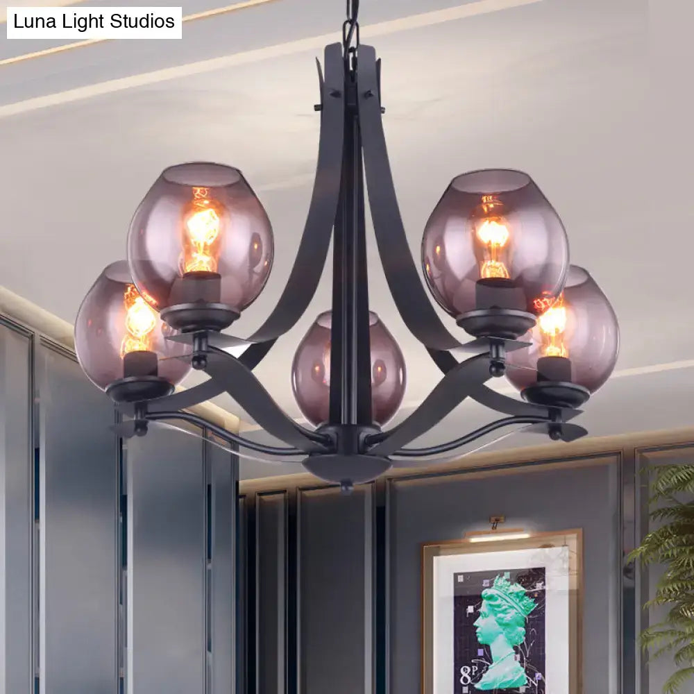 DecorBites™ black wrought iron chandelier with five smoked globe gray glass shades modern gray glass chandelier
