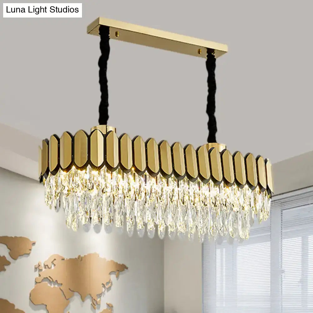 Decorbites™ contemporary gold finish oval island light with faceted crystal droplets and led bulbs on metal frame