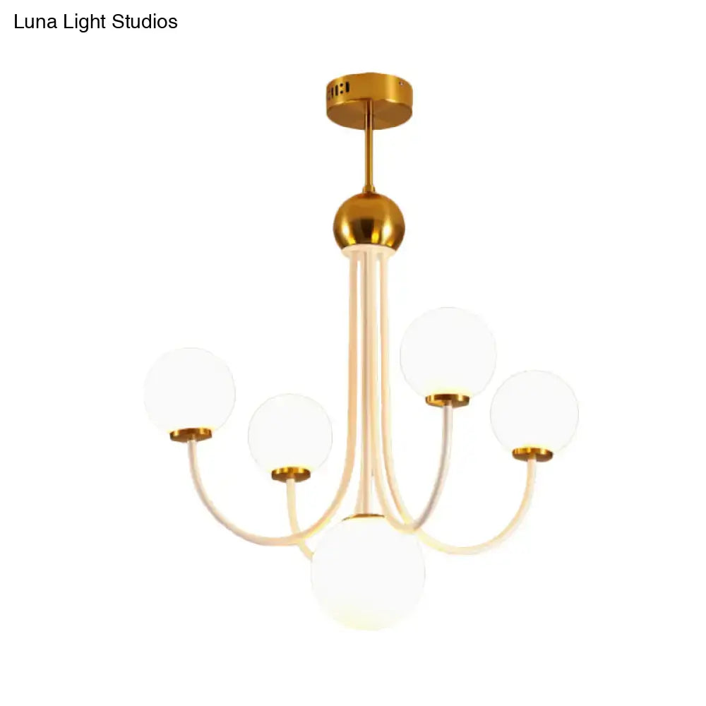 Decorbites contemporary gold glass spherical ceiling chandelier with five frosted globe shades and curved arms