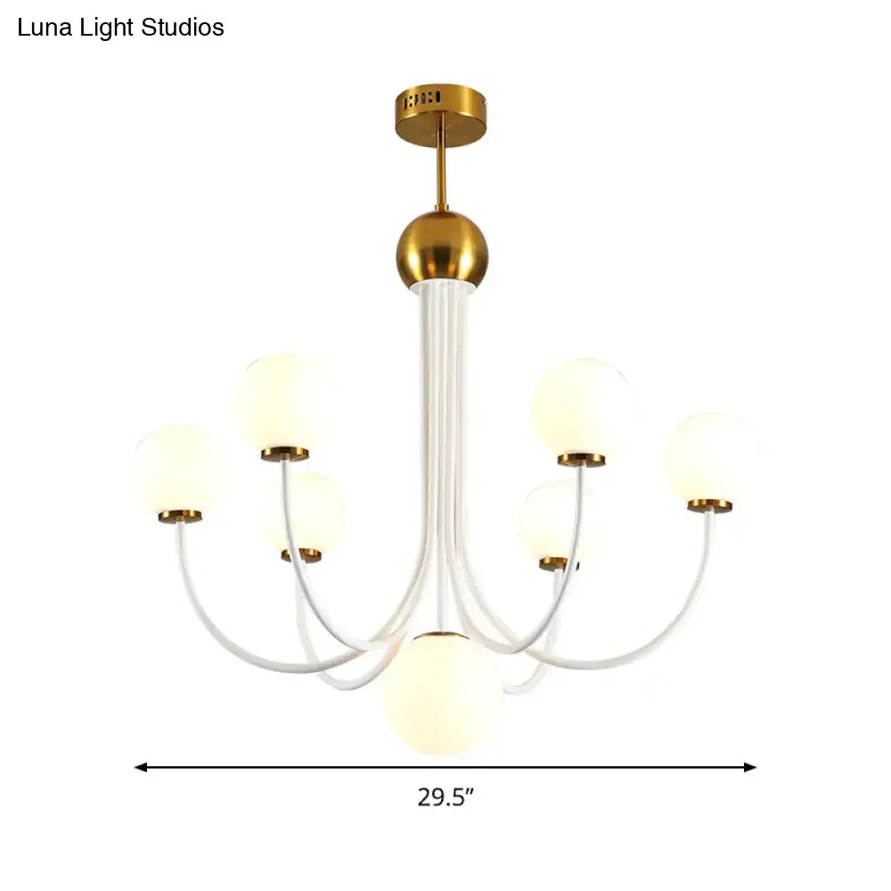 Decorbites contemporary gold glass spherical ceiling chandelier with six frosted glass globe shades and white stem