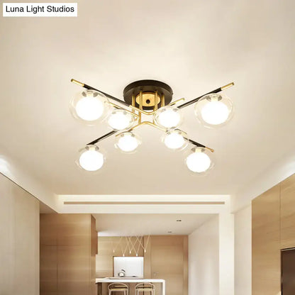 Modern DecorBites™ semi-flush mount ceiling fixture with six glass bulbs and gold oval shade on black metal arms