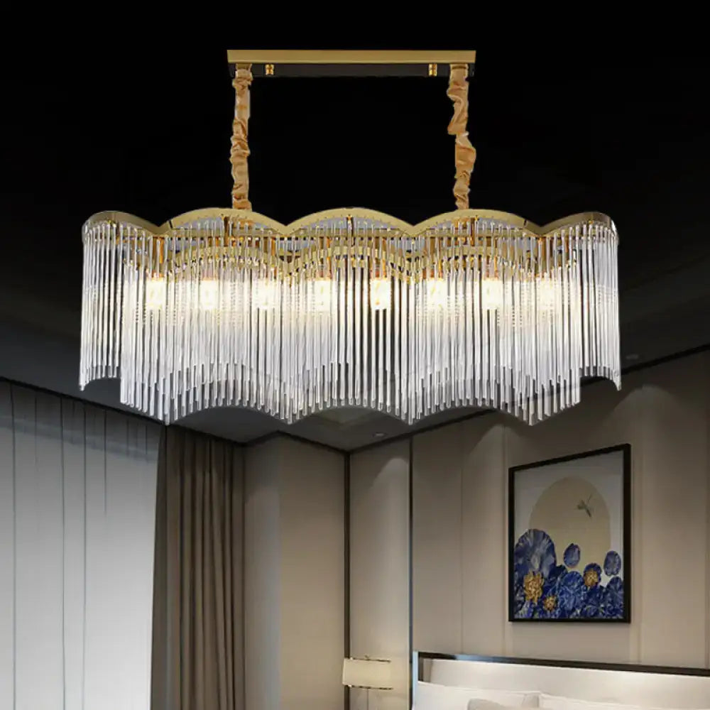 Decorbites™ contemporary gold pendant ceiling light featuring clear crystal tubes and ornate twisted suspension arms