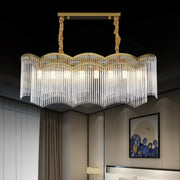Decorbites™ contemporary gold pendant ceiling light featuring clear crystal tubes and ornate twisted suspension arms