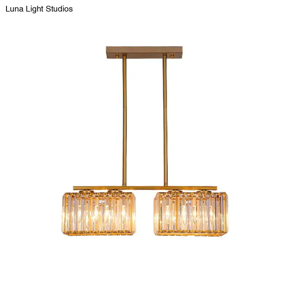 Decorbites contemporary gold pendant lighting with two clear cuboid crystal shades for dining room island use