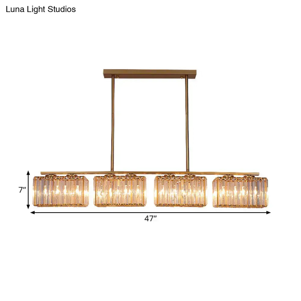 Gold-toned rectangular chandelier with four clear cuboid crystal shades for dining room led incandescent fluorescent lighting