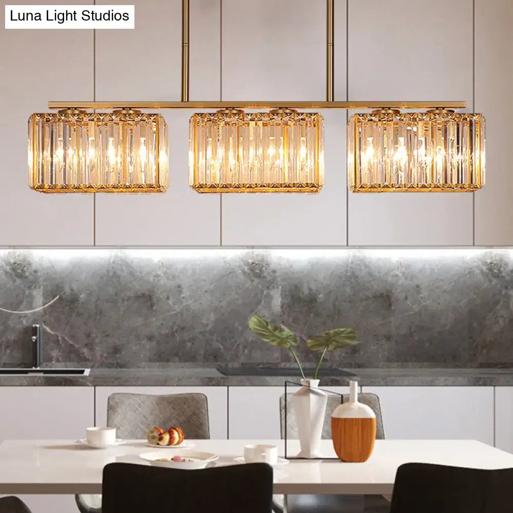 Decorbites™ contemporary gold pendant lighting with clear cuboid crystal shade and warm led incandescent fluorescent glow