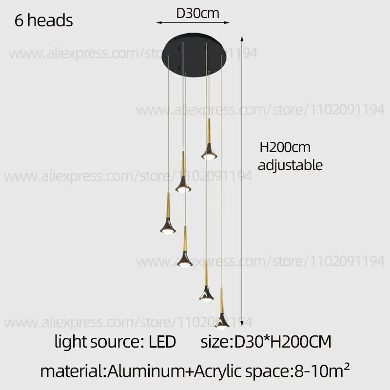 Modern black and gold decorbites contemporary horn chandelier with six adjustable led light heads for living room lighting