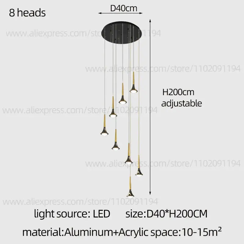 Modern black and gold decorbites contemporary horn chandelier with eight adjustable led light heads for living rooms