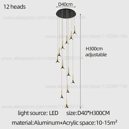 Decorbites contemporary horn chandelier black glass pendant with 12 gold led light heads for living room lighting