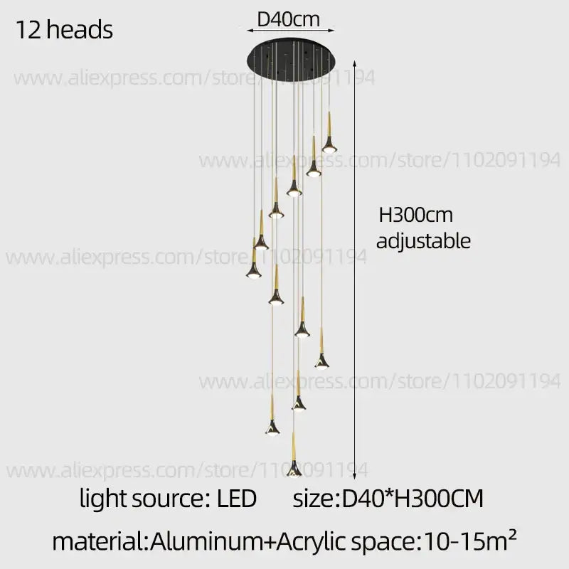 Decorbites contemporary horn chandelier black glass pendant with 12 gold led light heads for living room lighting