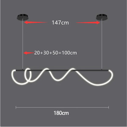 Modern white led pendant light with sleek wavy design and black hardware for contemporary led chandelier dining room use